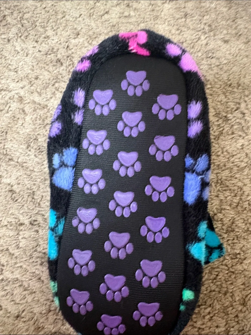 Black Fleece Slippers with Multicolor Paw Prints